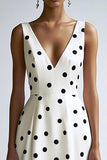 A Line White Black V-Neck Polka Dot Dress