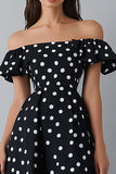 Off The Shoulder Black White Polka Dot Dress with Ruffles