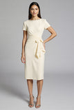 Beige Bodycon Short Sleeve Midi Dress