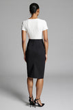 Ivory and Black Ruched Bodycon Midi Dress with Slit