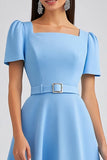 A Line Sky Blue Square Neck Midi Work Dress with Belt