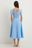 A Line Sky Blue Square Neck Midi Work Dress with Belt