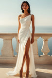 Ivory One Shoulder A Line Engagement Dress with Slit