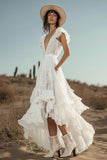 Ivory Cap Sleeve Asymmetrical Lace Wedding Dress
