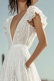 Ivory Cap Sleeve Asymmetrical Lace Wedding Dress