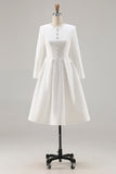 Ivory A-Line Round Neck Tweed Long Sleeve Work Dress