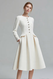 Ivory A-Line Round Neck Tweed Long Sleeve Work Dress