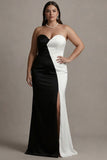 Black and White Strapless Plus Size Satin Formal Dress