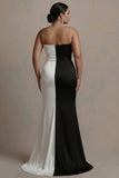 Black and White Strapless Plus Size Satin Formal Dress