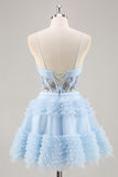 Blue Corset Ruffled Homecoming Dress with Appliques