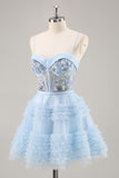 Blue Corset Ruffled Homecoming Dress with Appliques