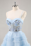 Blue Corset Ruffled Homecoming Dress with Appliques
