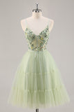 A-Line Appliqued Tulle Green Homecoming Dress