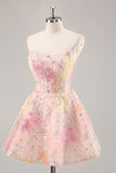 Floral Strapless Appliqued Pink Homecoming Dress with Sequins