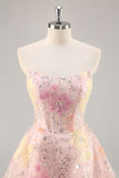 Floral Strapless Appliqued Pink Homecoming Dress with Sequins