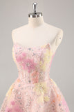 Floral Strapless Appliqued Pink Homecoming Dress with Sequins