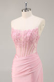 Pink Strapless Corset Tight Homecoming Dress with Appliques