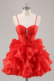 Red A Line Corset Ruffled Short Homecoming Dress With Bows