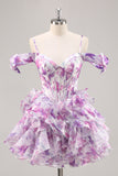 Purple Cold Shoulder A Line Printed Corset Homecoming Dress With Ruffles