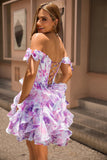 Purple Cold Shoulder A Line Printed Corset Homecoming Dress With Ruffles