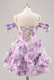 Purple Cold Shoulder A Line Printed Corset Homecoming Dress With Ruffles