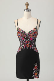 Black Bodycon Flower Spaghetti Straps Mini Homecoming Dress