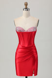 Satin Corset Strapless Bodycon Red Homecoming Dress With Slit