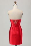 Satin Corset Strapless Bodycon Red Homecoming Dress With Slit