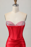 Red Strapless Beaded Corset Bodycon Homecoming Dress with Slit