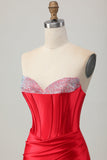 Red Strapless Beaded Corset Bodycon Homecoming Dress with Slit
