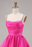 Fuchsia A Line Satin Homecoming Dress with Beading