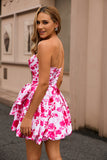 Fuchsia Printed Strapless Homecoming Dress with Bow