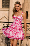 Printed Fuchsia Floral A Line Corset Homecoming Dress