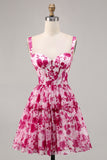 Printed Fuchsia Floral A Line Corset Homecoming Dress