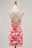 Red Flower Bodycon Spaghetti Straps Printed Mini Homecoming Dress