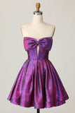 Corset Keyhole A Line Strapless Metallic Dark Purple Homecoming Dress