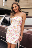 Pink Flower Strapless Ruched Bodycon Homecoming Dress With Bow