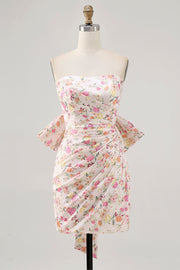 Pink Flower Strapless Bodycon Ruched Homecoming Dress with Bow