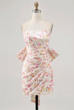 Pink Flower Strapless Bodycon Ruched Homecoming Dress with Bow