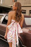 Pink Flower Strapless Ruched Bodycon Homecoming Dress With Bow