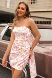Pink Flower Strapless Ruched Bodycon Homecoming Dress With Bow