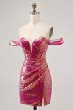 Sparkly Fuchsia Off The Shoulder Bodycon Homecoming Dress