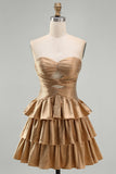 Golden Cut Out Tiered A Line Strapless Homecoming Dress with Beading
