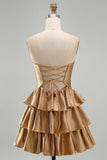 Golden Cut Out Tiered A Line Strapless Homecoming Dress with Beading