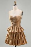 Golden Cut Out Tiered A Line Strapless Homecoming Dress with Beading