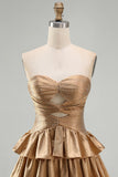 Golden Cut Out Tiered A Line Strapless Homecoming Dress with Beading