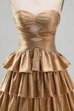 Golden Cut Out Tiered A Line Strapless Homecoming Dress with Beading