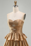 Golden Cut Out Tiered A Line Strapless Homecoming Dress with Beading
