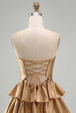 Golden Cut Out Tiered A Line Strapless Homecoming Dress with Beading