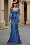 Navy Mermaid Long Sleeve Mother Of The Bride Dress With Appliques